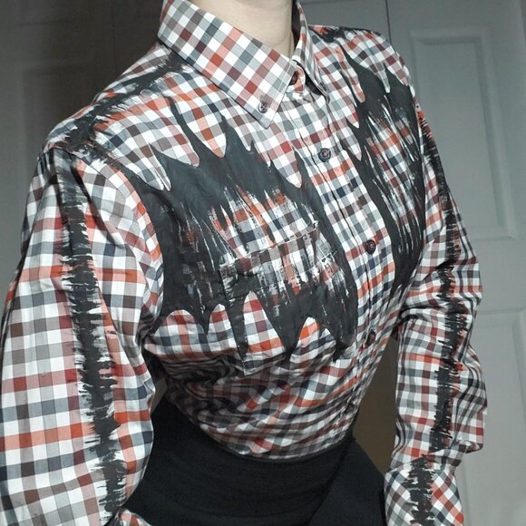 The Scarecrow, a red, orange, black & white cotton  checkered button-down shirt - Picture 6 of 15